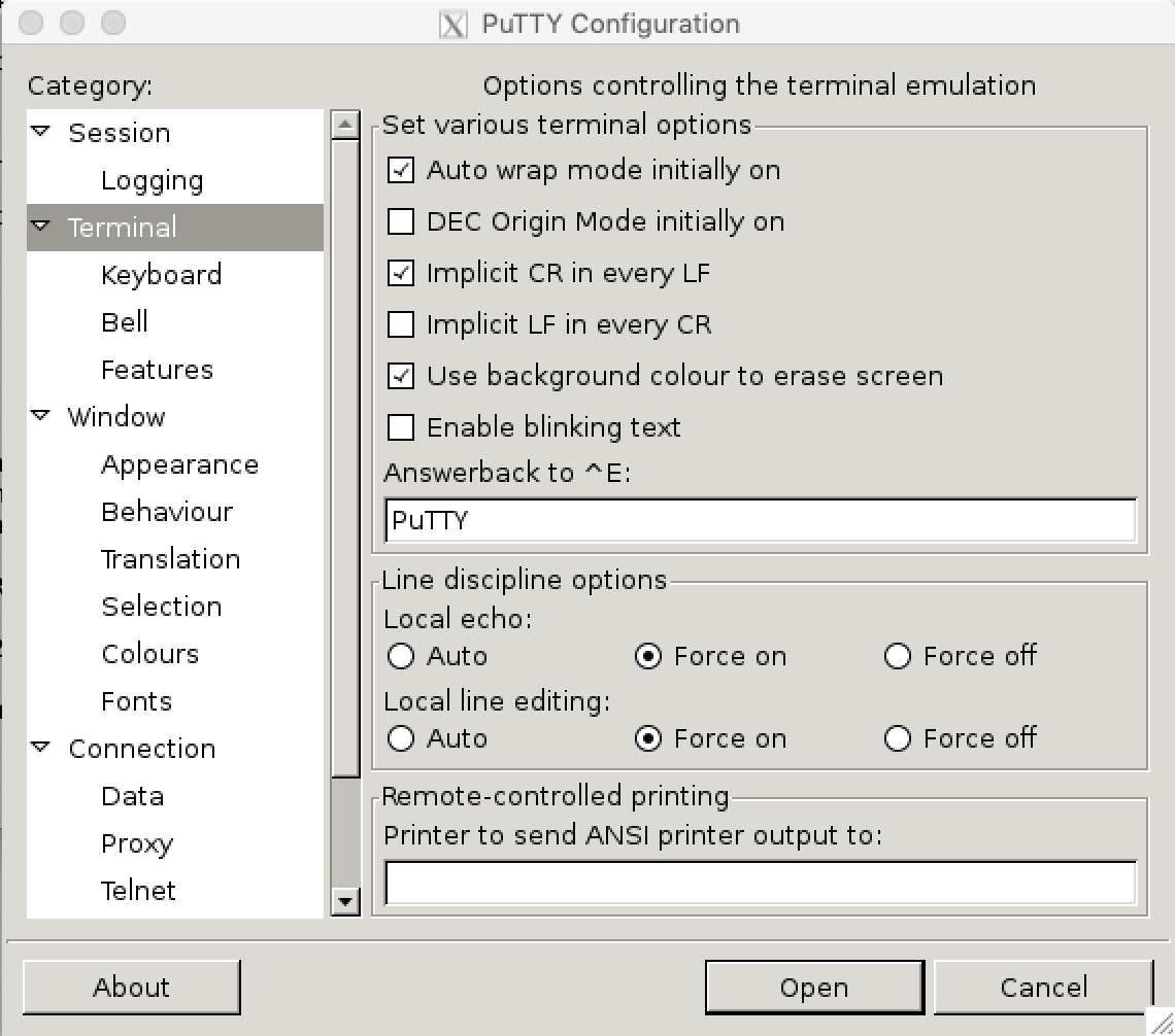 PuTTY terminal conf